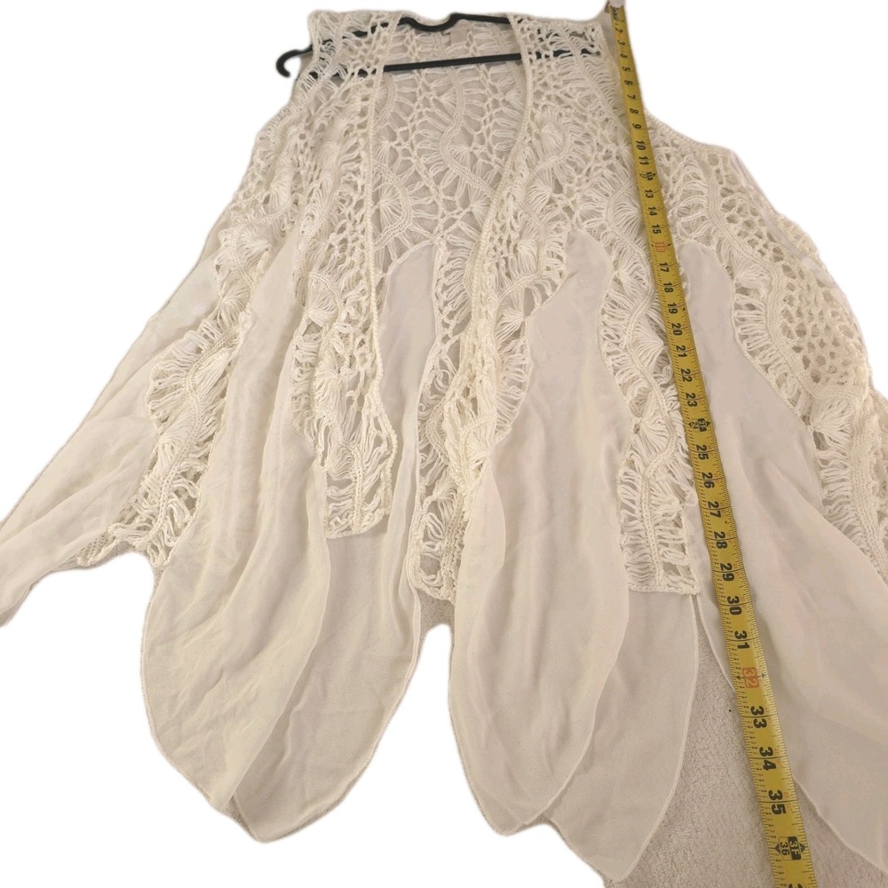 Chico's Open Front Crochet Knit Vest Sheer Layered Handkerchief Hem White Size 2